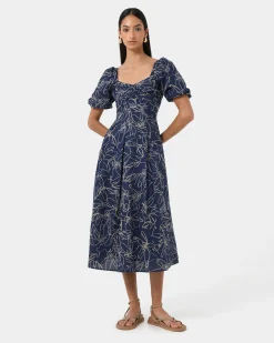 Forcast Leen Puff Sleeve Midi Dress Organic Navy Online