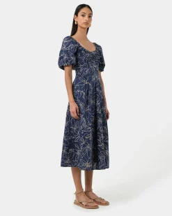 Forcast Leen Puff Sleeve Midi Dress Organic Navy Online
