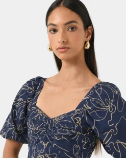 Forcast Leen Puff Sleeve Midi Dress Organic Navy Online