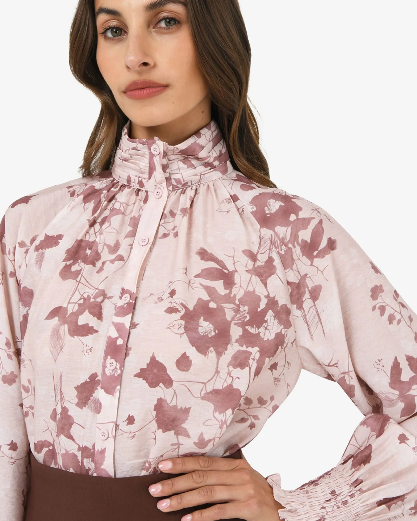 Forcast Lesley High Neck Floral Blouse Wine Pink Discount