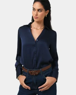 Forcast Lila V-neck Satin Blouse Midnight