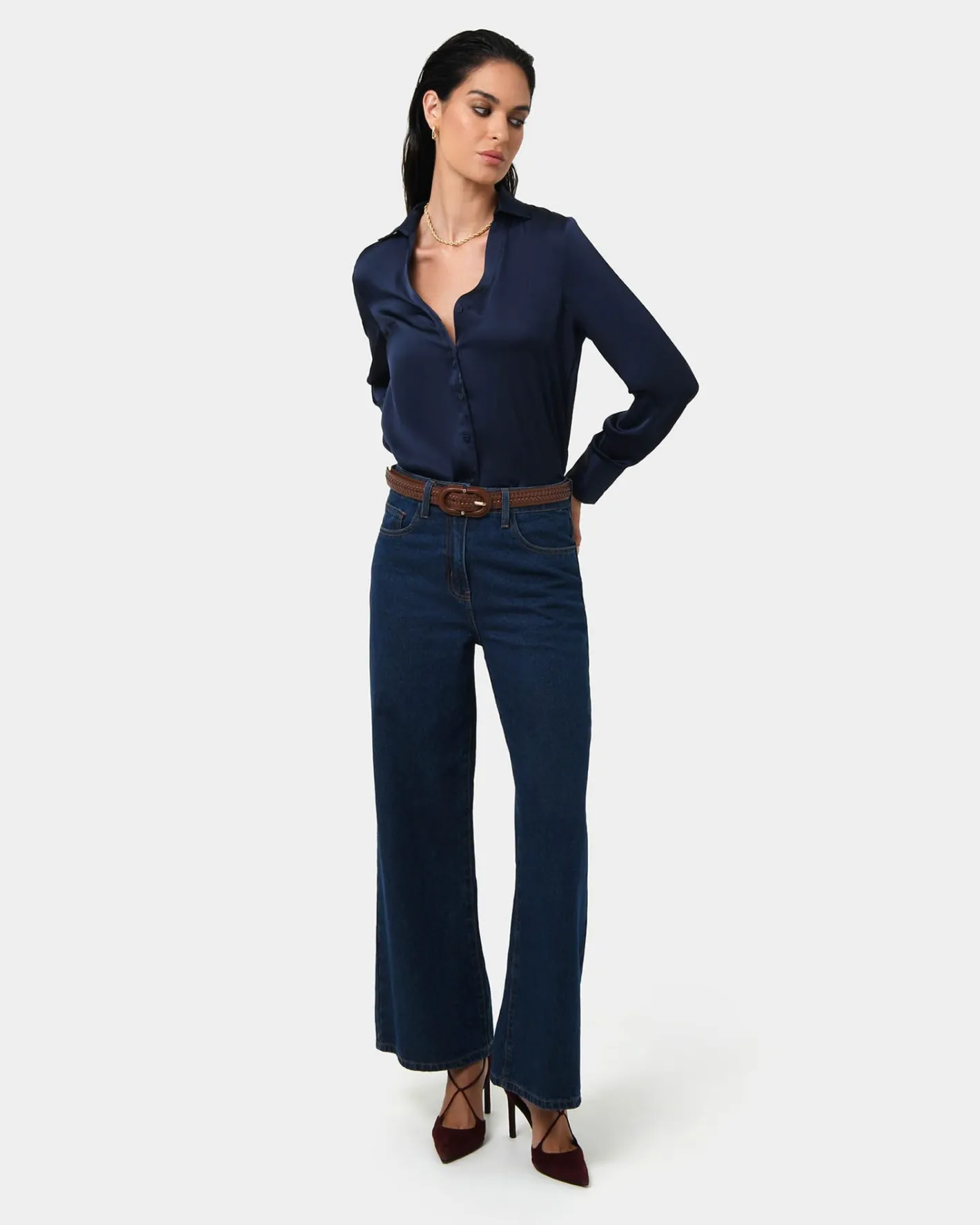 Forcast Lila V-neck Satin Blouse Midnight