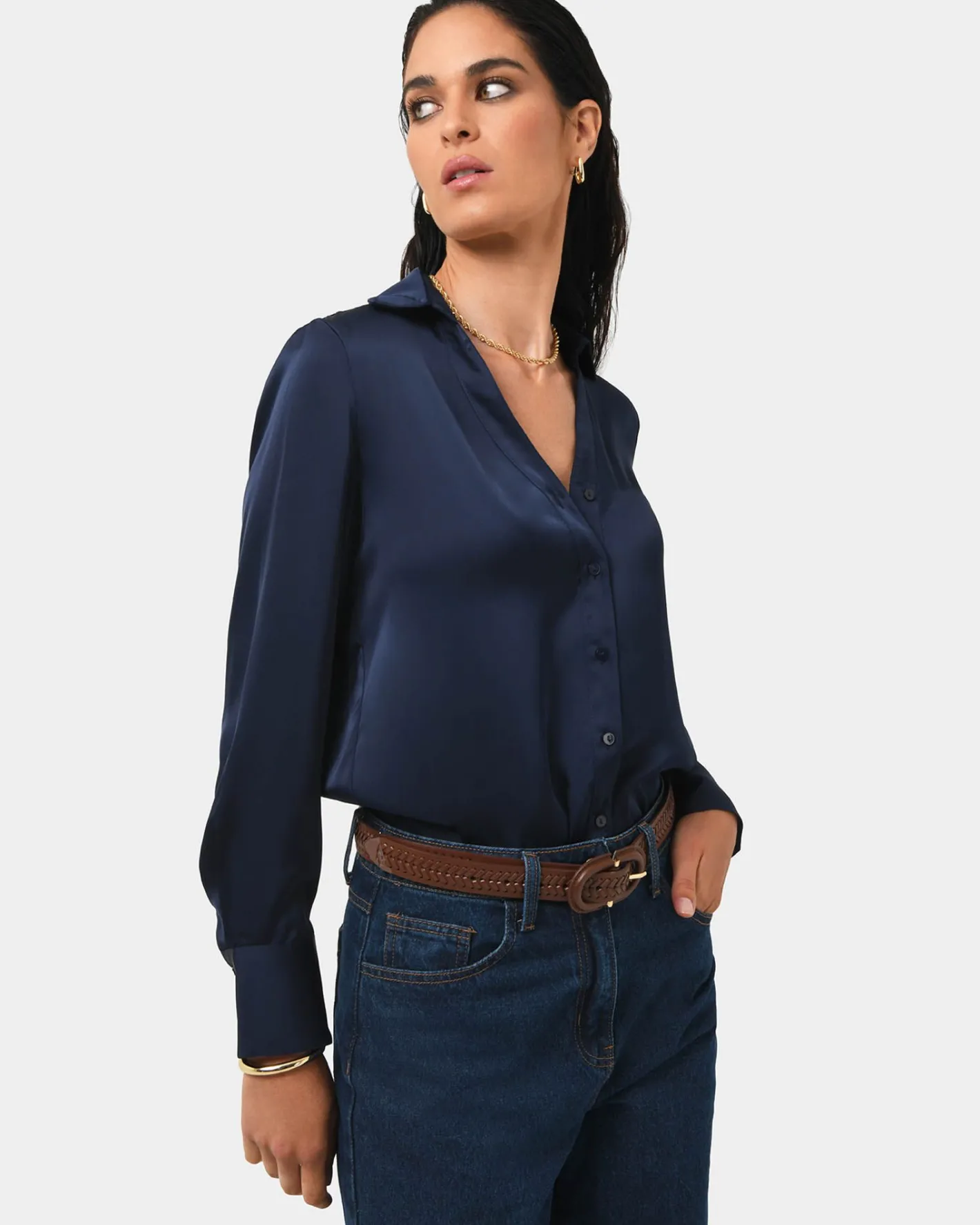 Forcast Lila V-neck Satin Blouse Midnight