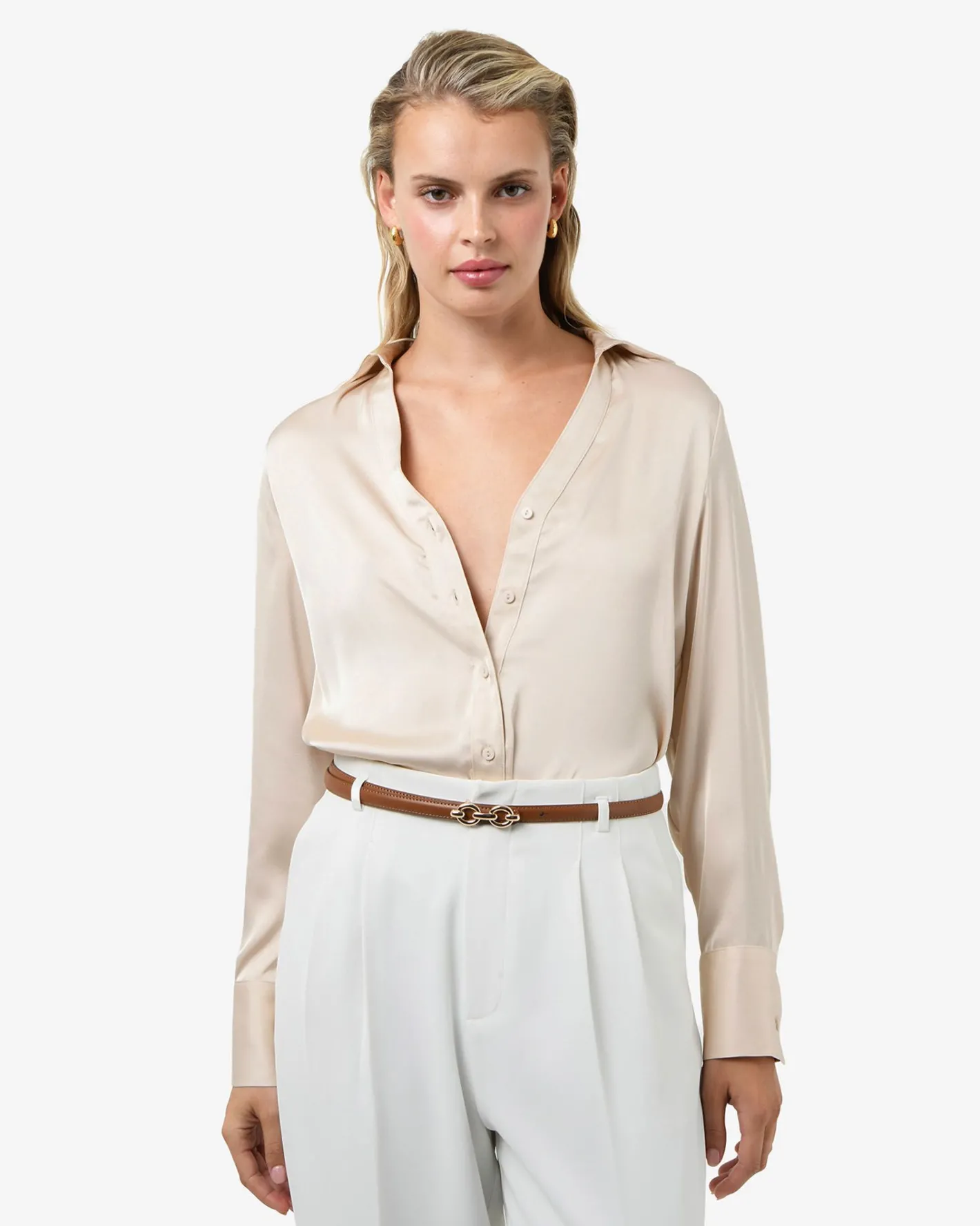 Forcast Lila V-neck Satin Blouse Eggshell Online