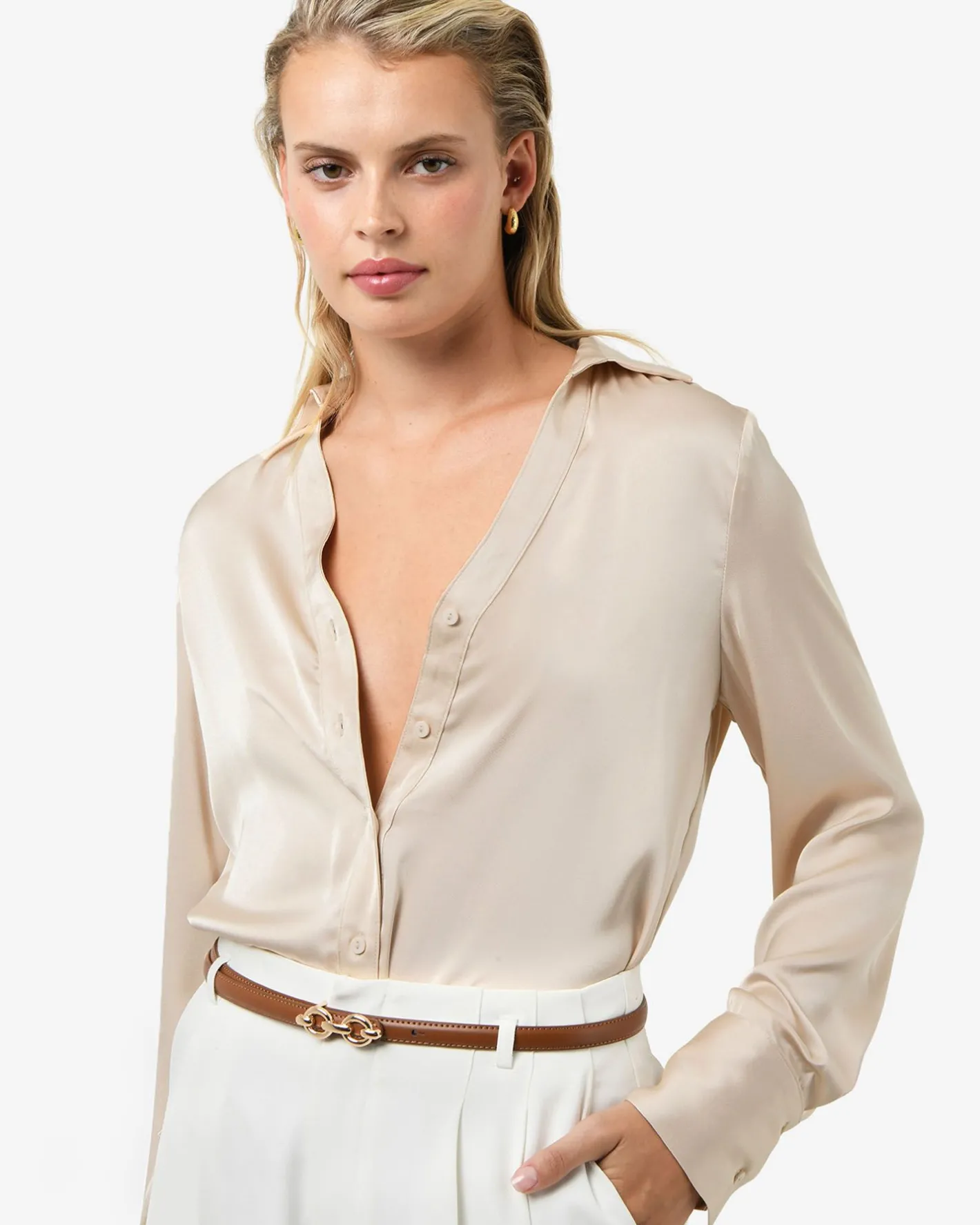 Forcast Lila V-neck Satin Blouse Eggshell Online