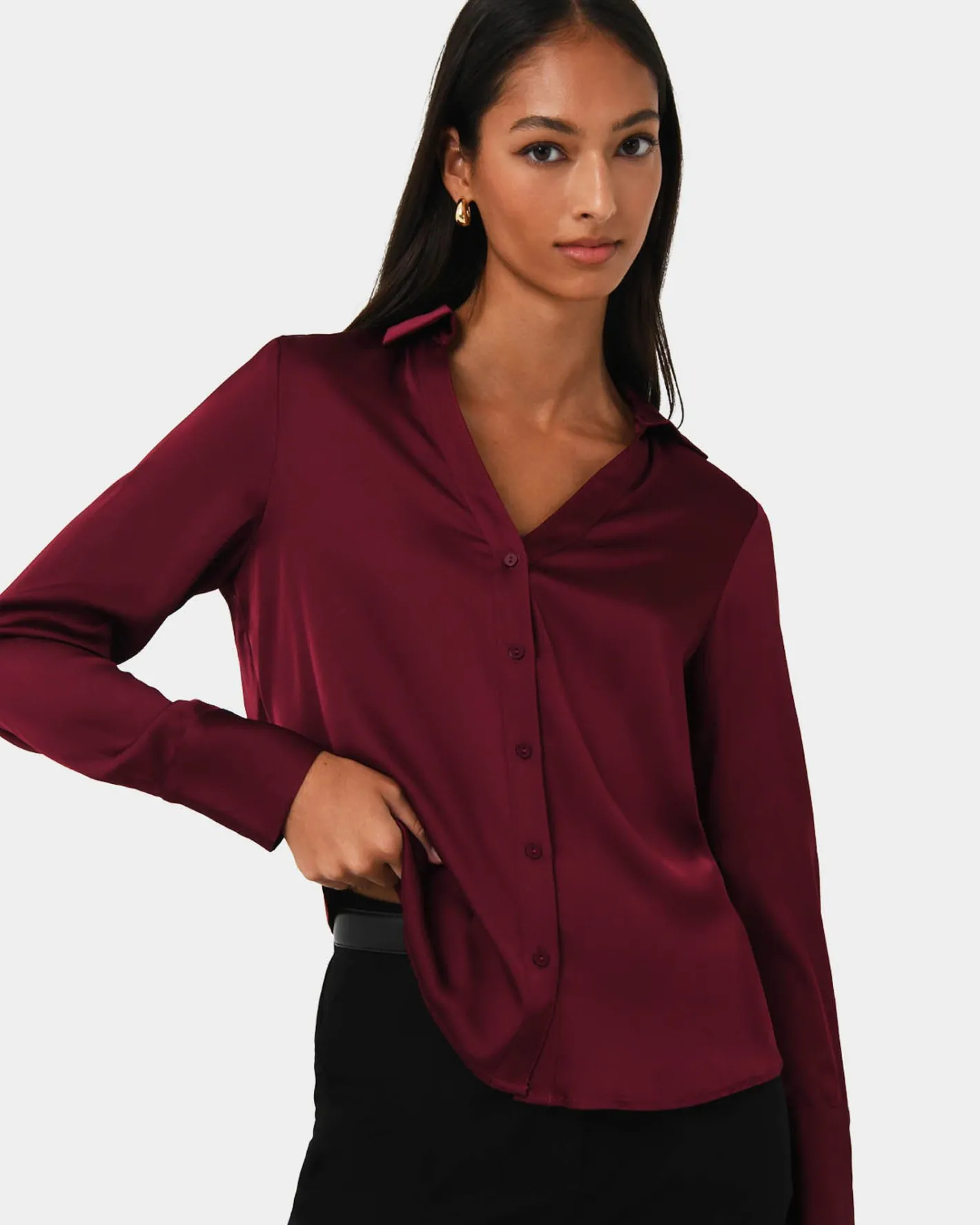 Forcast Lila V-neck Satin Blouse Wine Sale