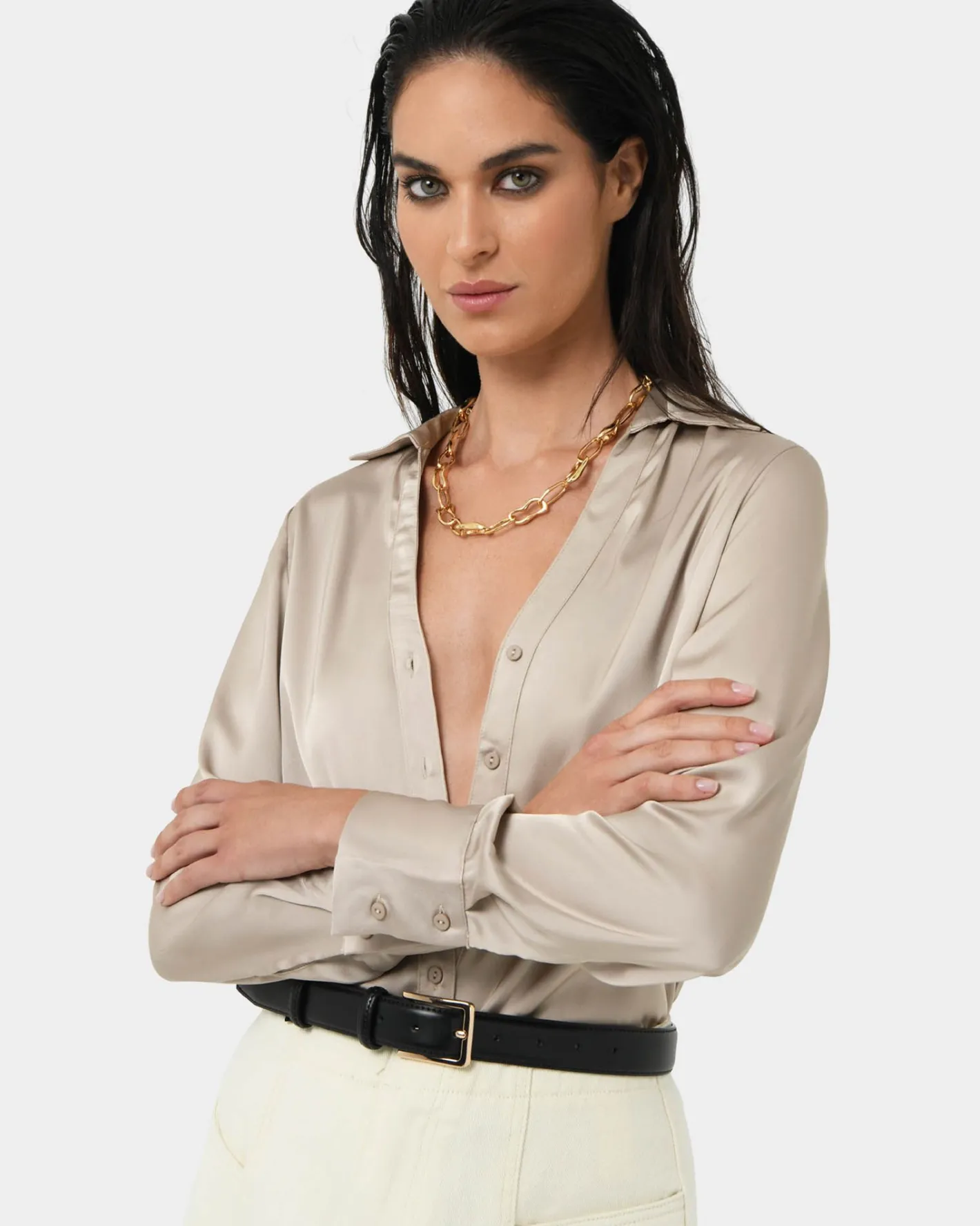 Forcast Lila V-neck Satin Blouse Sand Sale