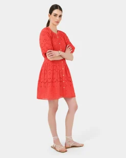 Forcast Lola Broderie Tiered Dress Fiesta Red Clearance