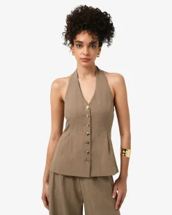 Forcast Lola Halter Neck Peplum Vest TAUPE New