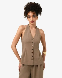 Forcast Lola Halter Neck Peplum Vest TAUPE New