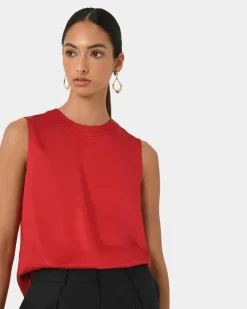 Forcast Louisa Round Neck Satin Top Red New