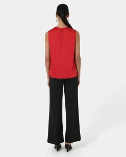 Forcast Louisa Round Neck Satin Top Red New