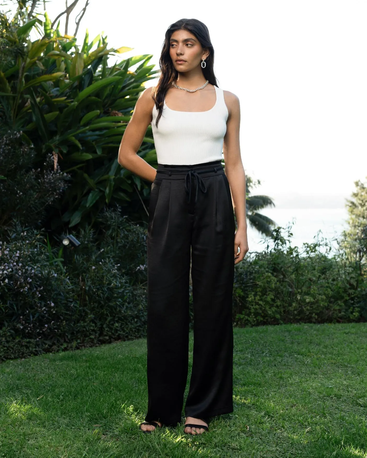Forcast Louisa Wide Leg Satin Pants Black Discount
