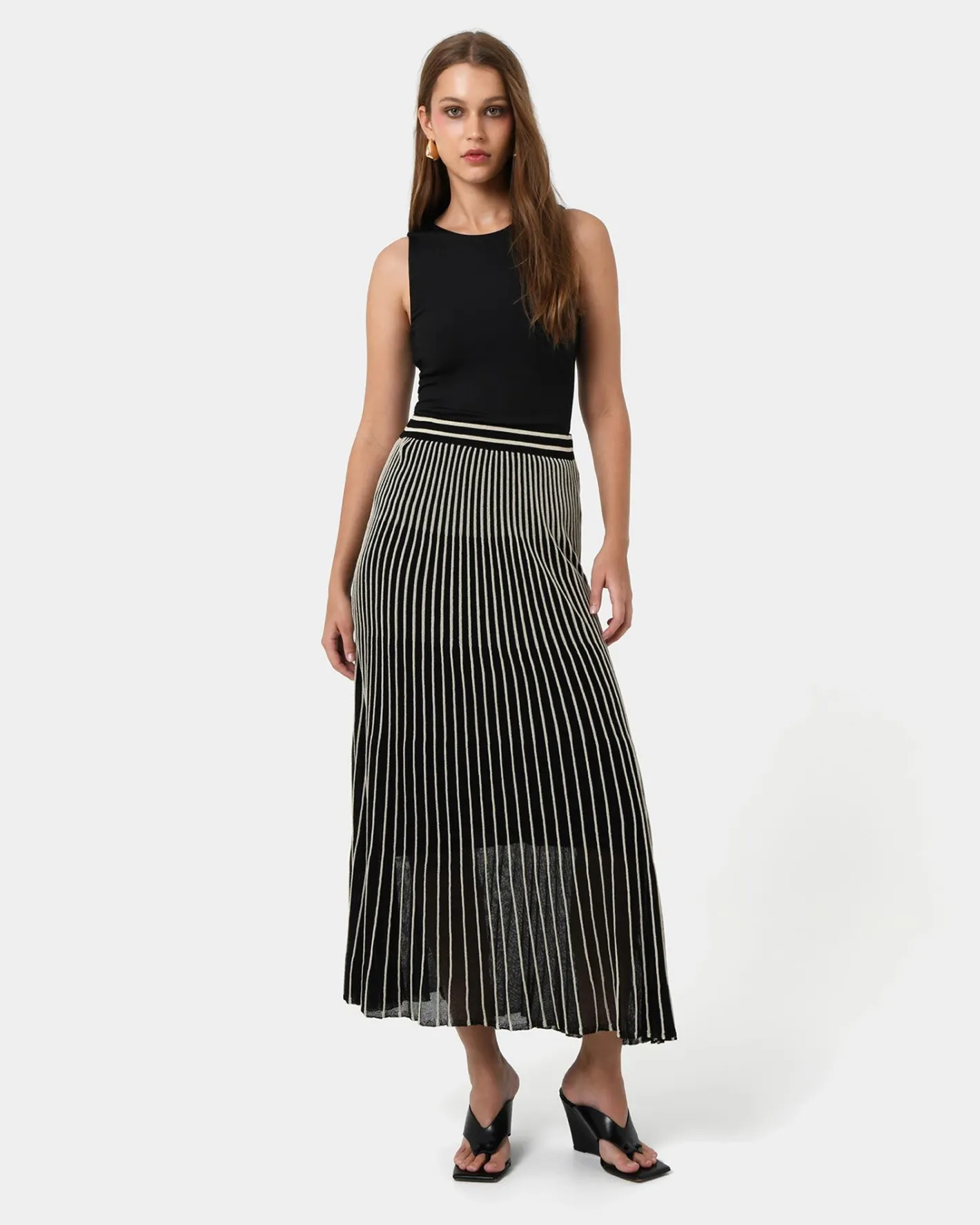 Forcast Lucy Pleat Knit Midi Skirt Black Gold Outlet