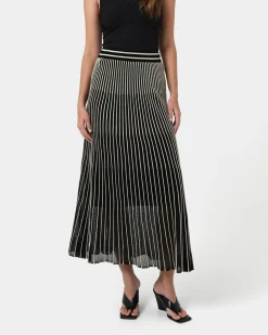 Forcast Lucy Pleat Knit Midi Skirt Black Gold Outlet