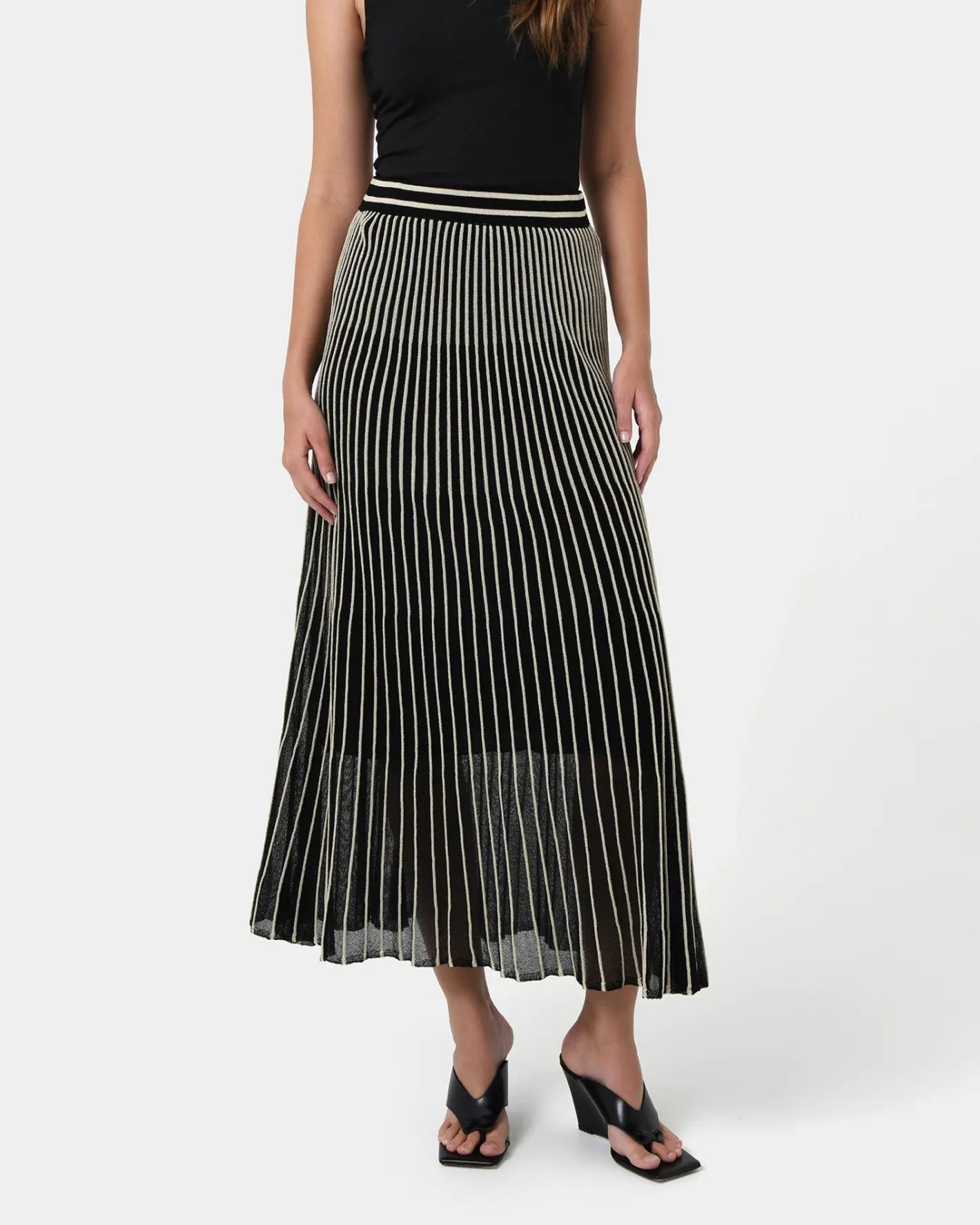Forcast Lucy Pleat Knit Midi Skirt Black Gold Outlet