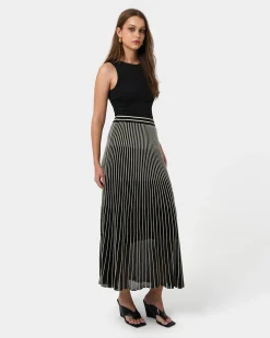 Forcast Lucy Pleat Knit Midi Skirt Black Gold Outlet