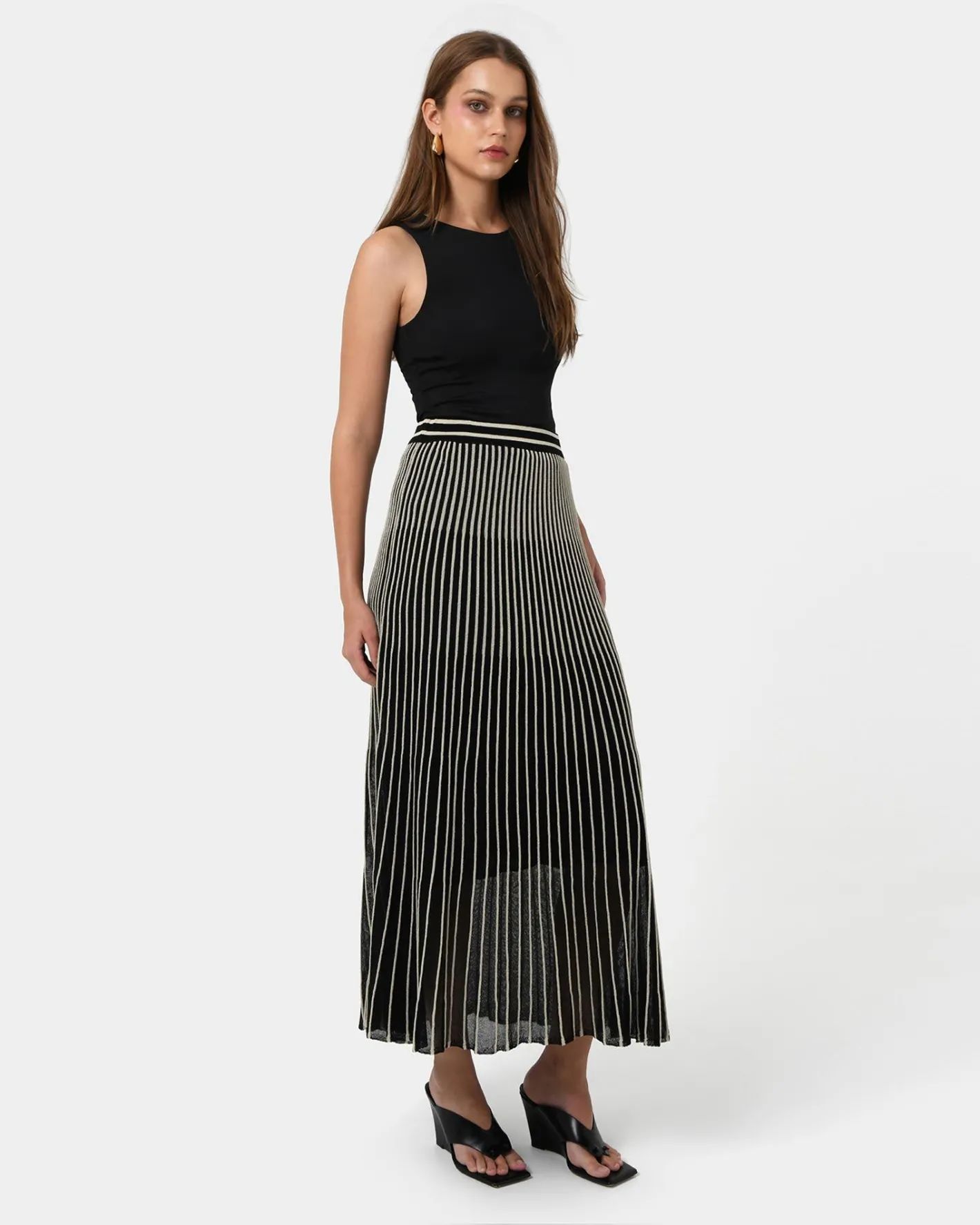 Forcast Lucy Pleat Knit Midi Skirt Black Gold Outlet