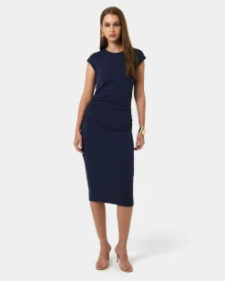 Forcast Lulu Ruched Midi Dress Navy Discount