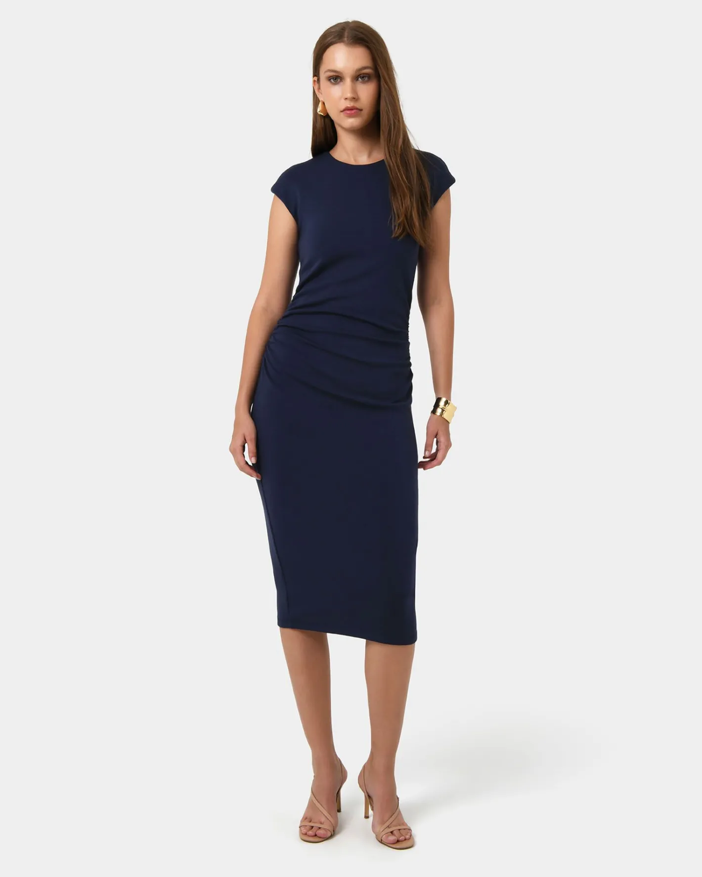 Forcast Lulu Ruched Midi Dress Navy Discount