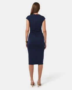 Forcast Lulu Ruched Midi Dress Navy Discount