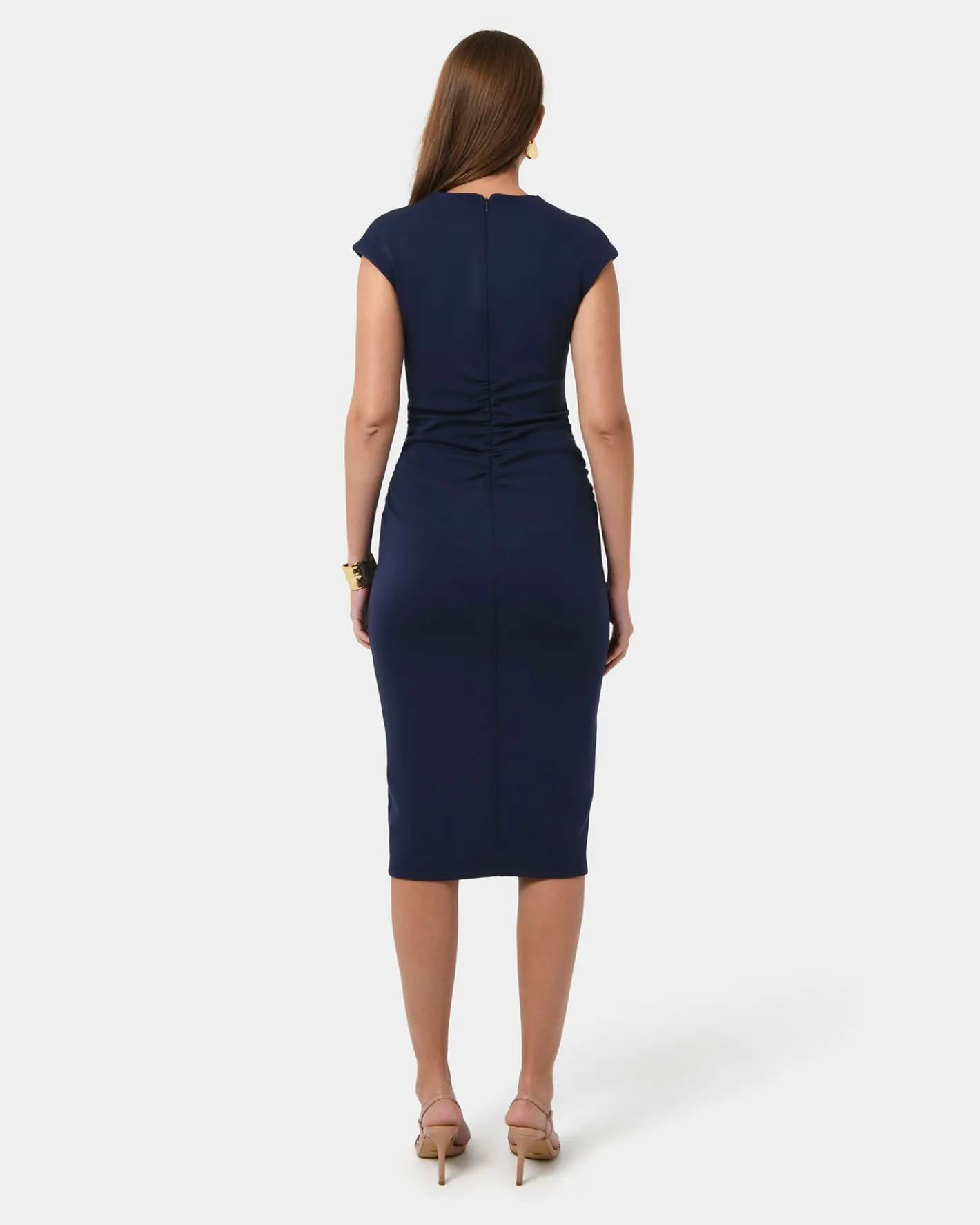 Forcast Lulu Ruched Midi Dress Navy Discount
