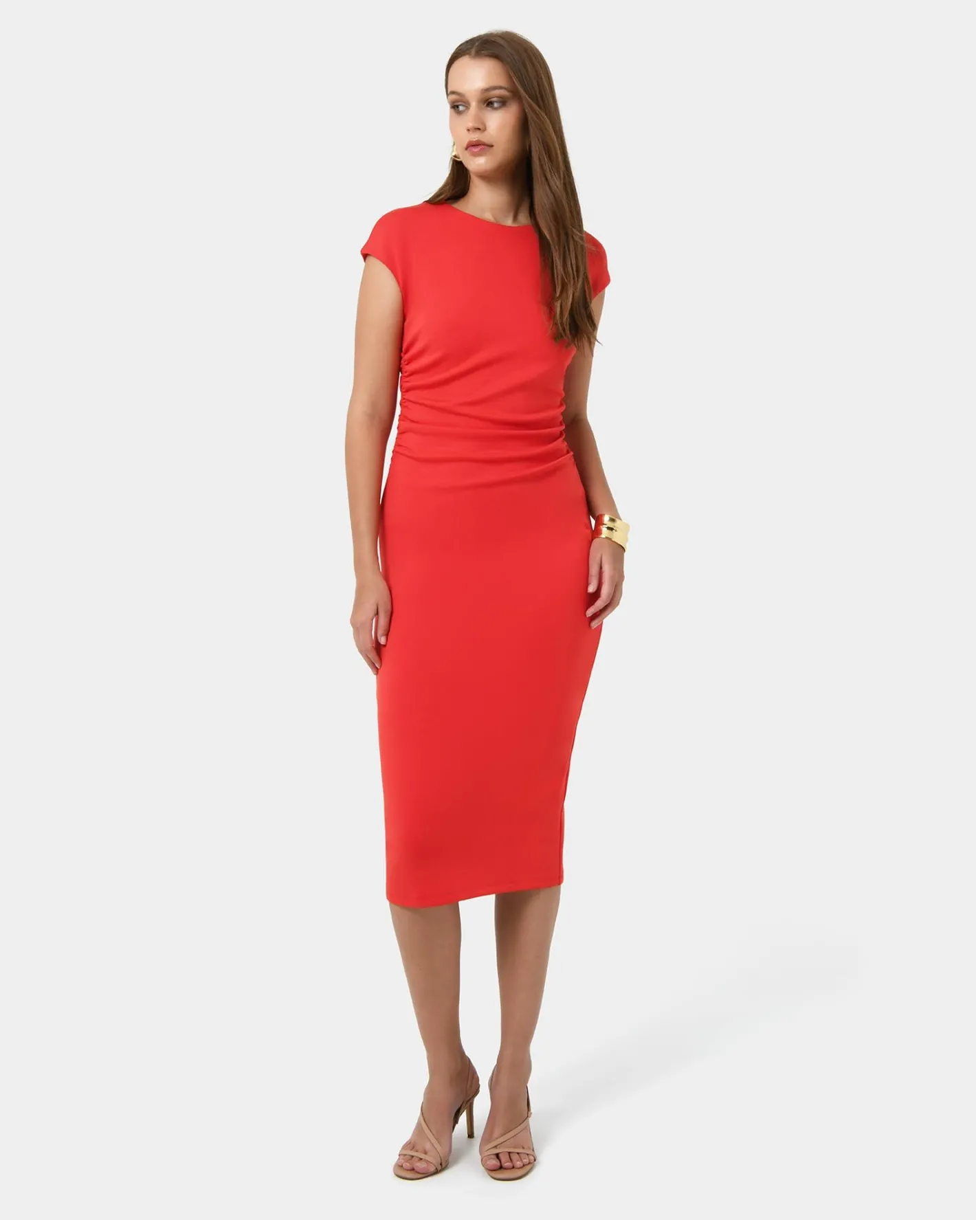 Forcast Lulu Ruched Midi Dress Red Best