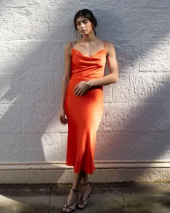 Forcast Mae Side Ruched Satin Dress Cherry Tomato Best