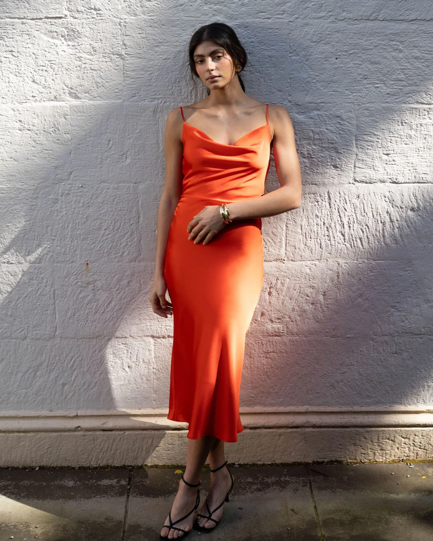 Forcast Mae Side Ruched Satin Dress Cherry Tomato Best