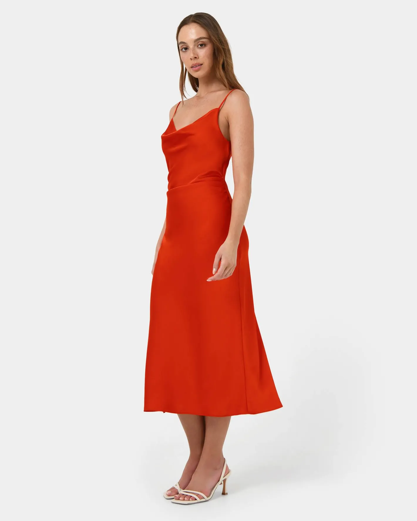 Forcast Mae Side Ruched Satin Dress Cherry Tomato Best
