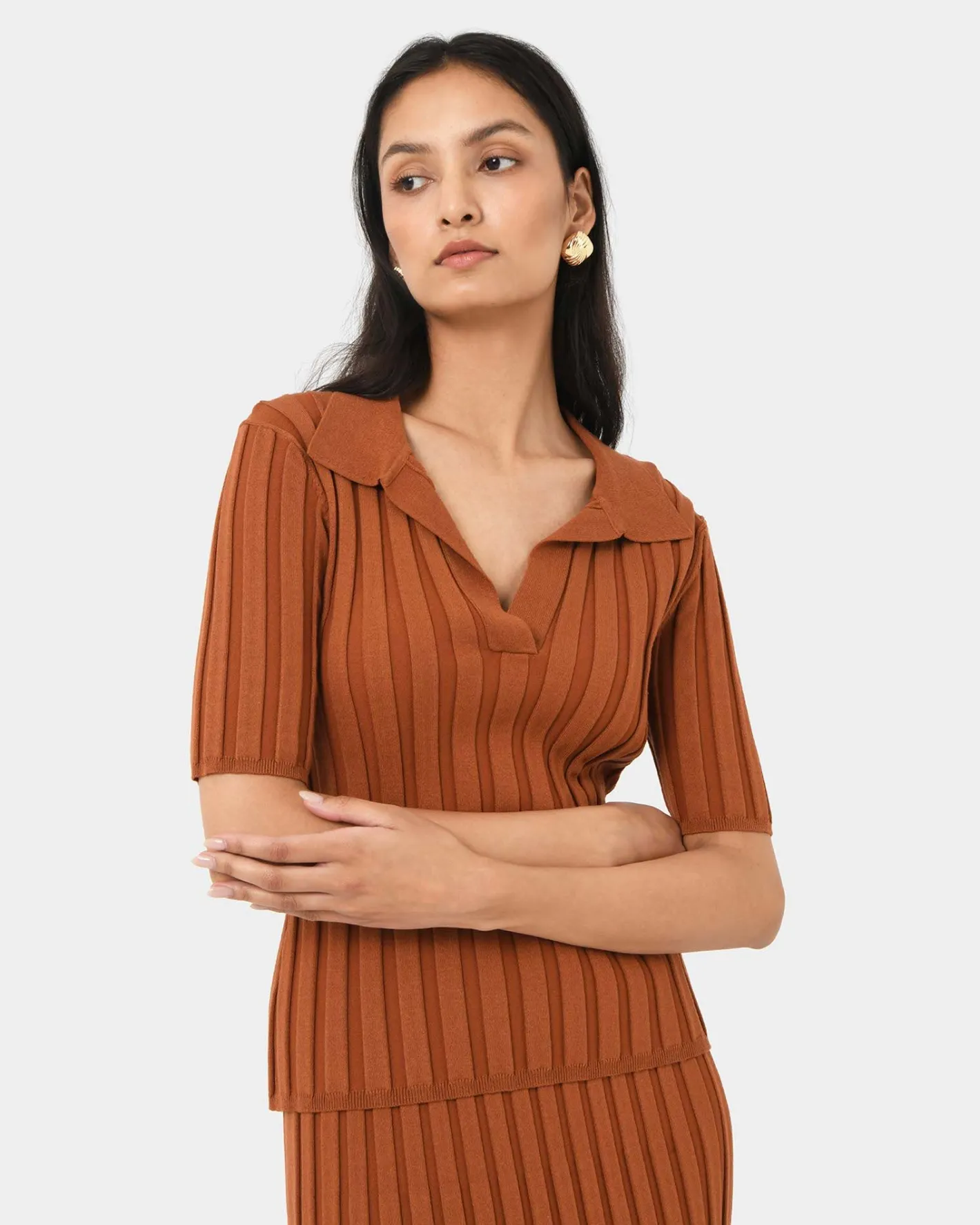 Forcast Manhattan Polo Knit Top Rust Discount