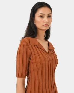 Forcast Manhattan Polo Knit Top Rust Discount