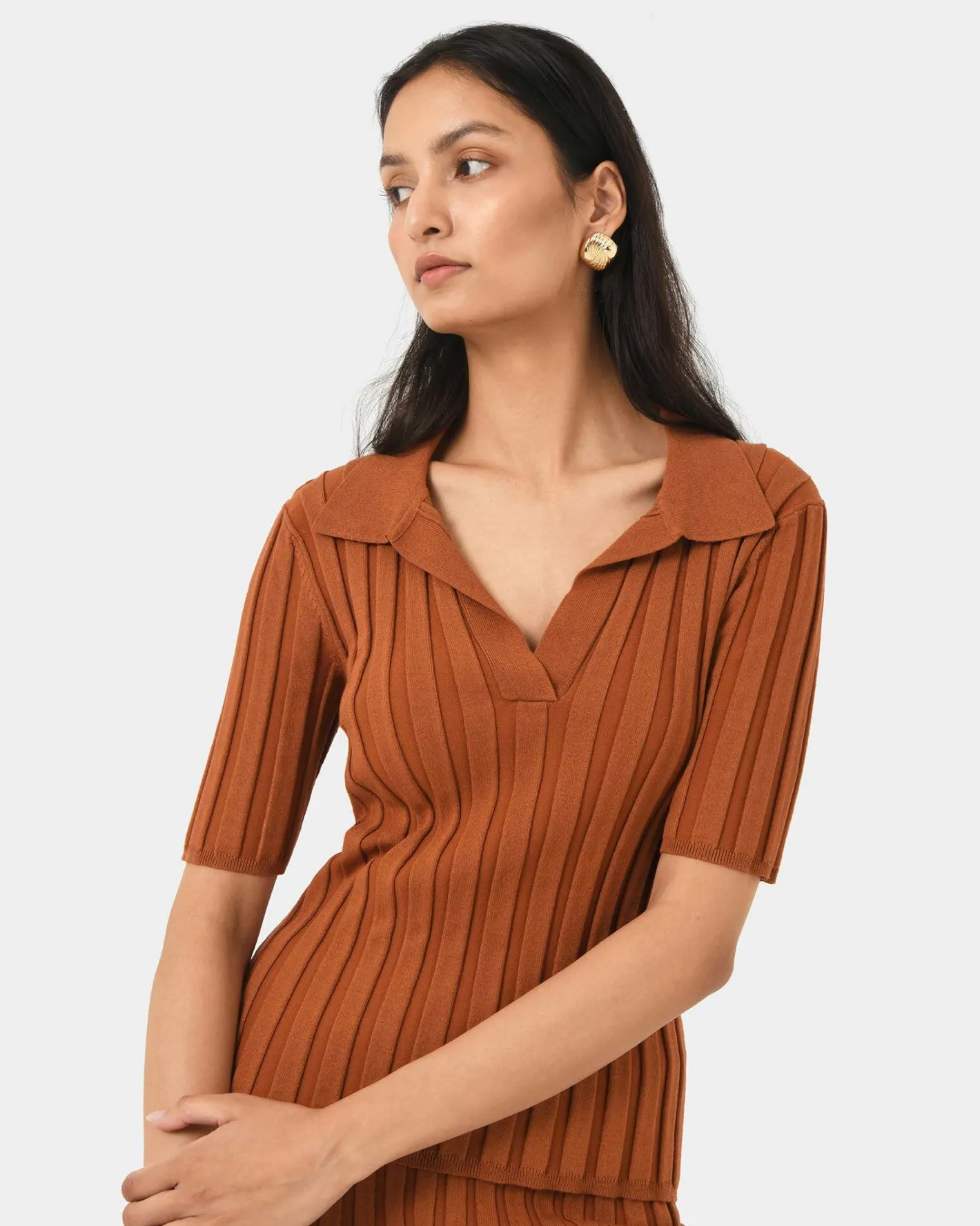 Forcast Manhattan Polo Knit Top Rust Discount