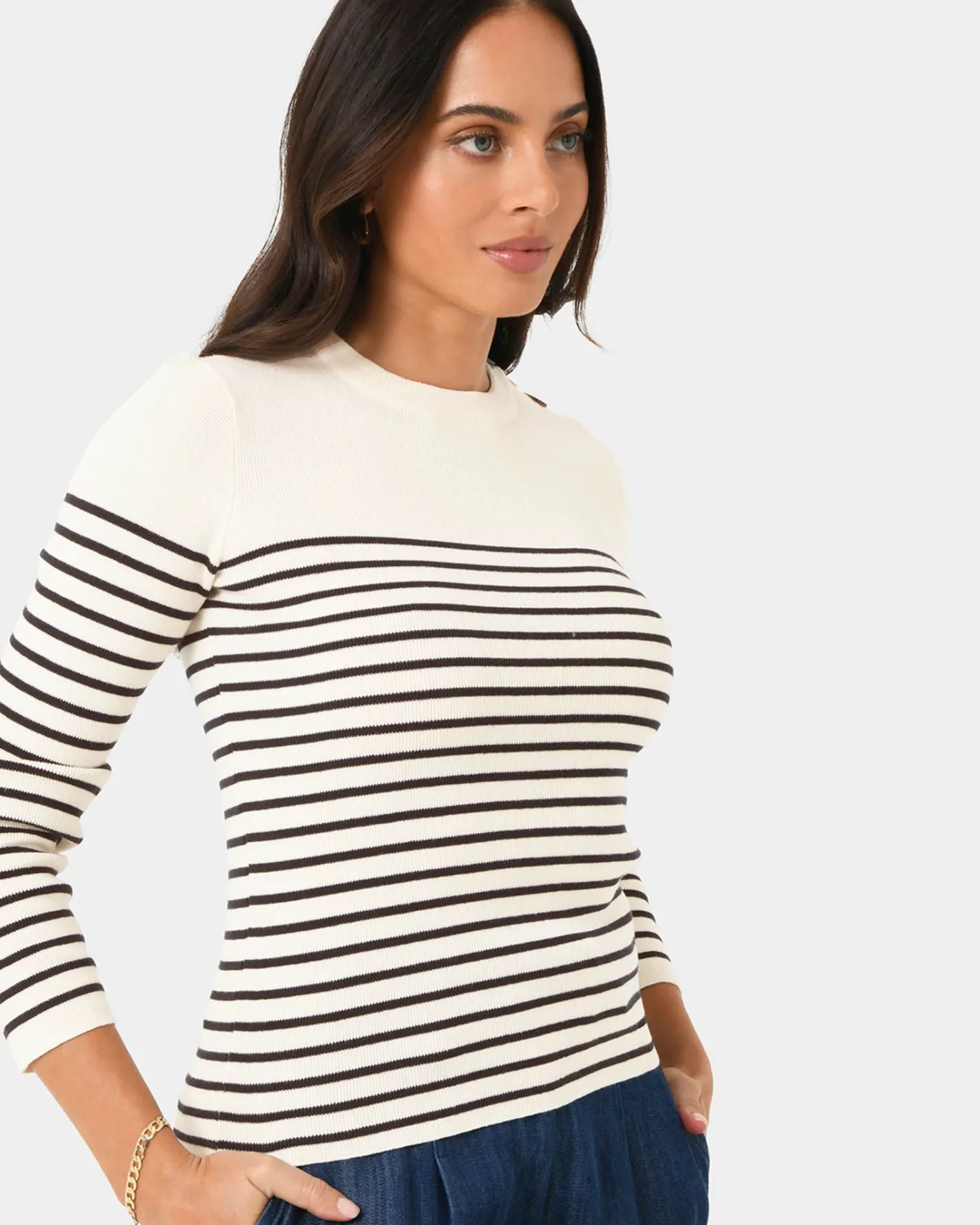 Forcast Margot Long Sleeve Knit Ivory Navy Best