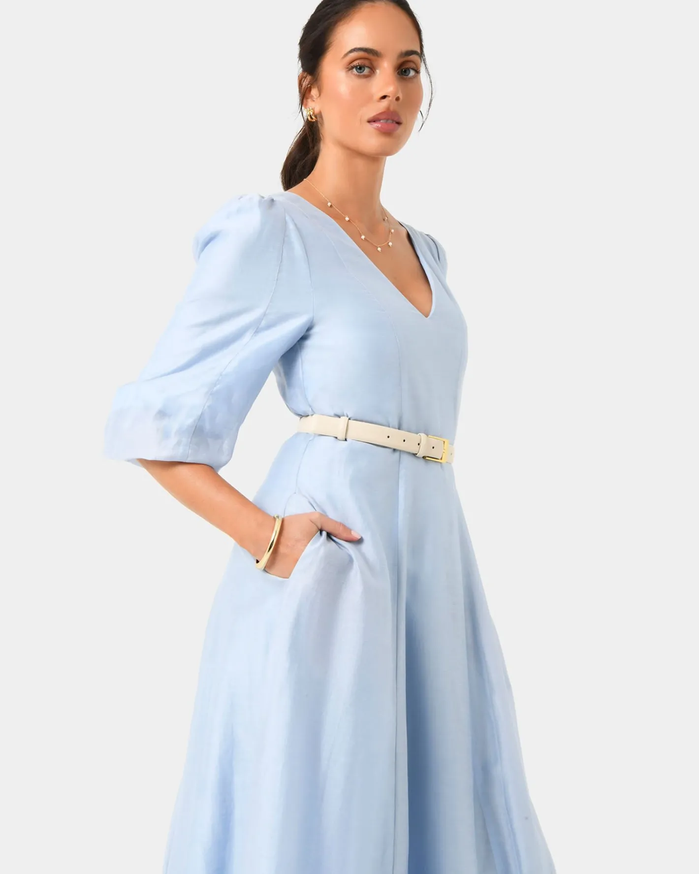Forcast Marlie Puff Sleeve Midi Dress Ash Blue