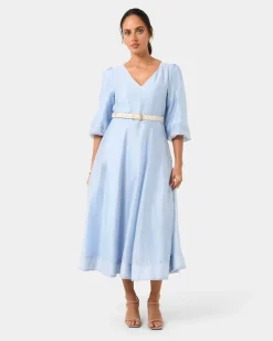 Forcast Marlie Puff Sleeve Midi Dress Ash Blue