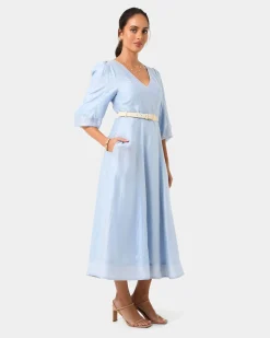 Forcast Marlie Puff Sleeve Midi Dress Ash Blue