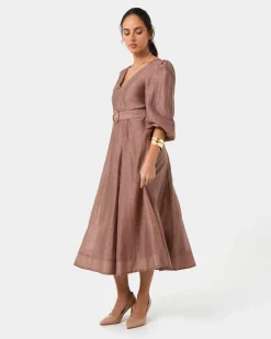 Forcast Marlie Puff Sleeve Midi Dress Wood Smoke Online