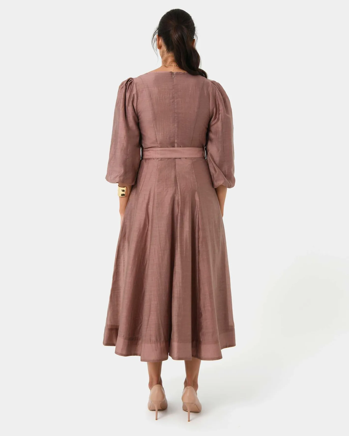 Forcast Marlie Puff Sleeve Midi Dress Wood Smoke Online