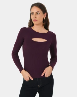 Forcast Maryam Cut Out Knit Top Purple New