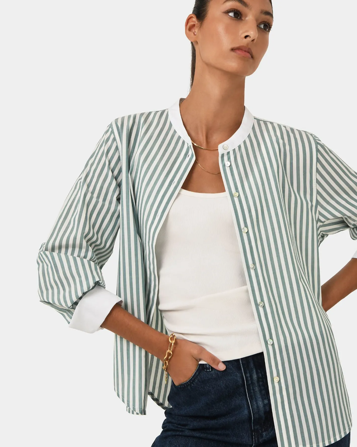 Forcast Melie Cotton Stripe Shirt Mint Stripe