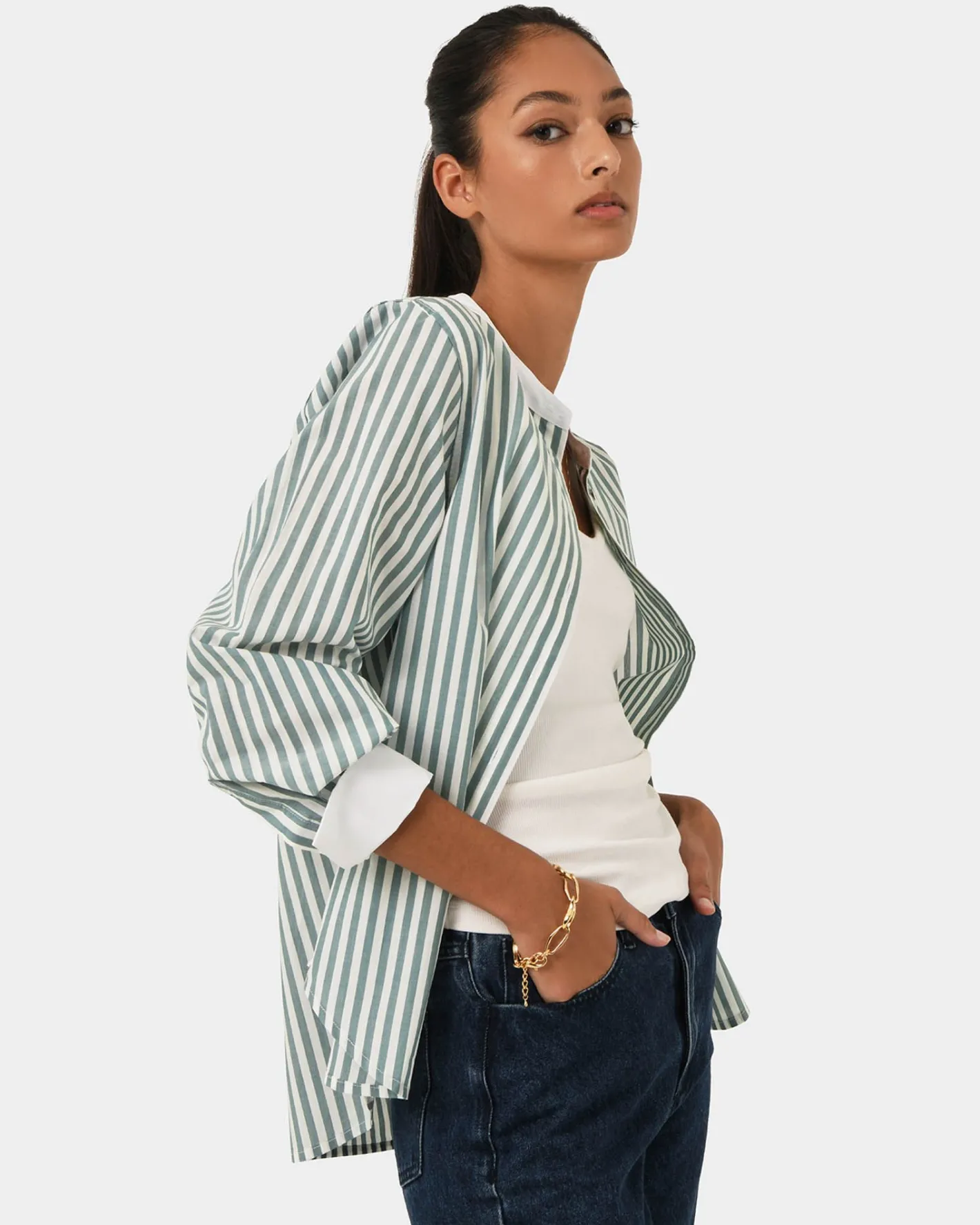 Forcast Melie Cotton Stripe Shirt Mint Stripe