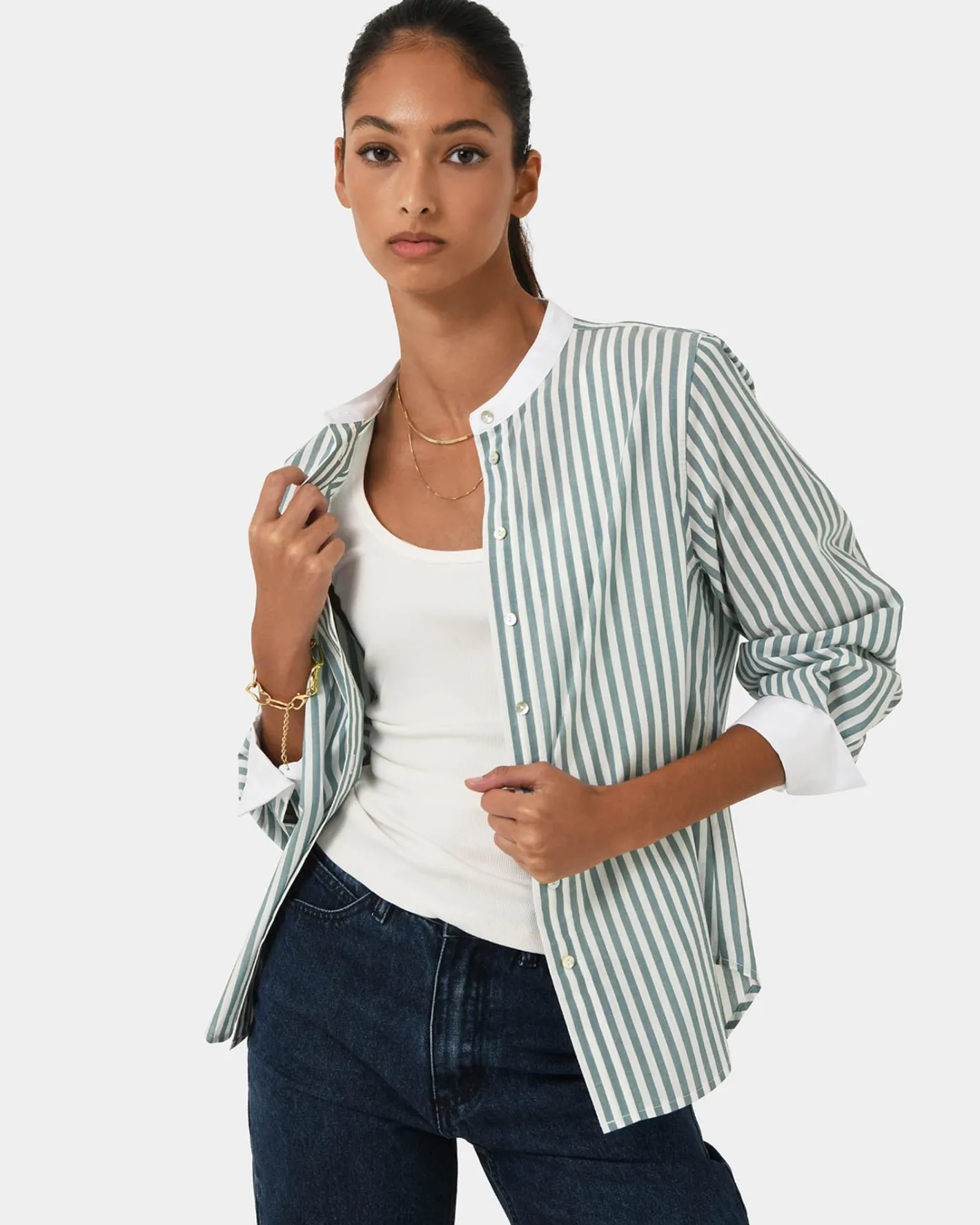 Forcast Melie Cotton Stripe Shirt Mint Stripe