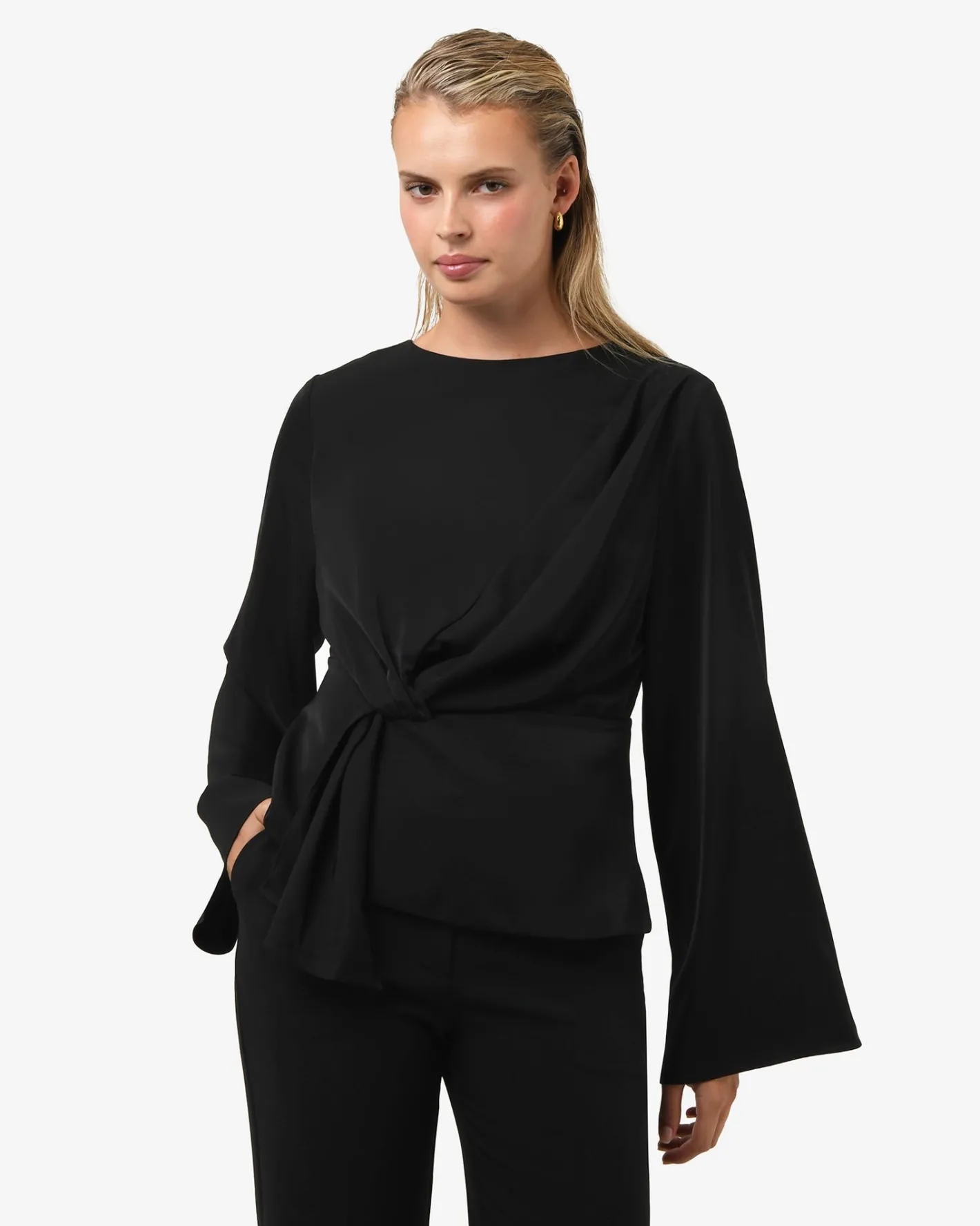 Forcast Melody Long Sleeve Draped Top Black Outlet