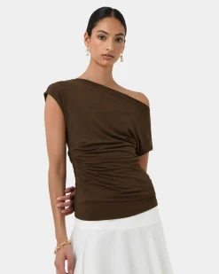 Forcast Mia Off Shoulder Jersey Top Chocolate Discount