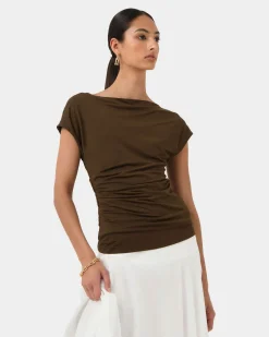 Forcast Mia Off Shoulder Jersey Top Chocolate Discount