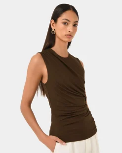 Forcast Mia Ruched Jersey Top Chocolate New