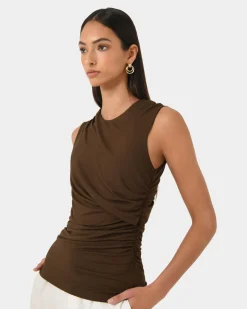 Forcast Mia Ruched Jersey Top Chocolate New
