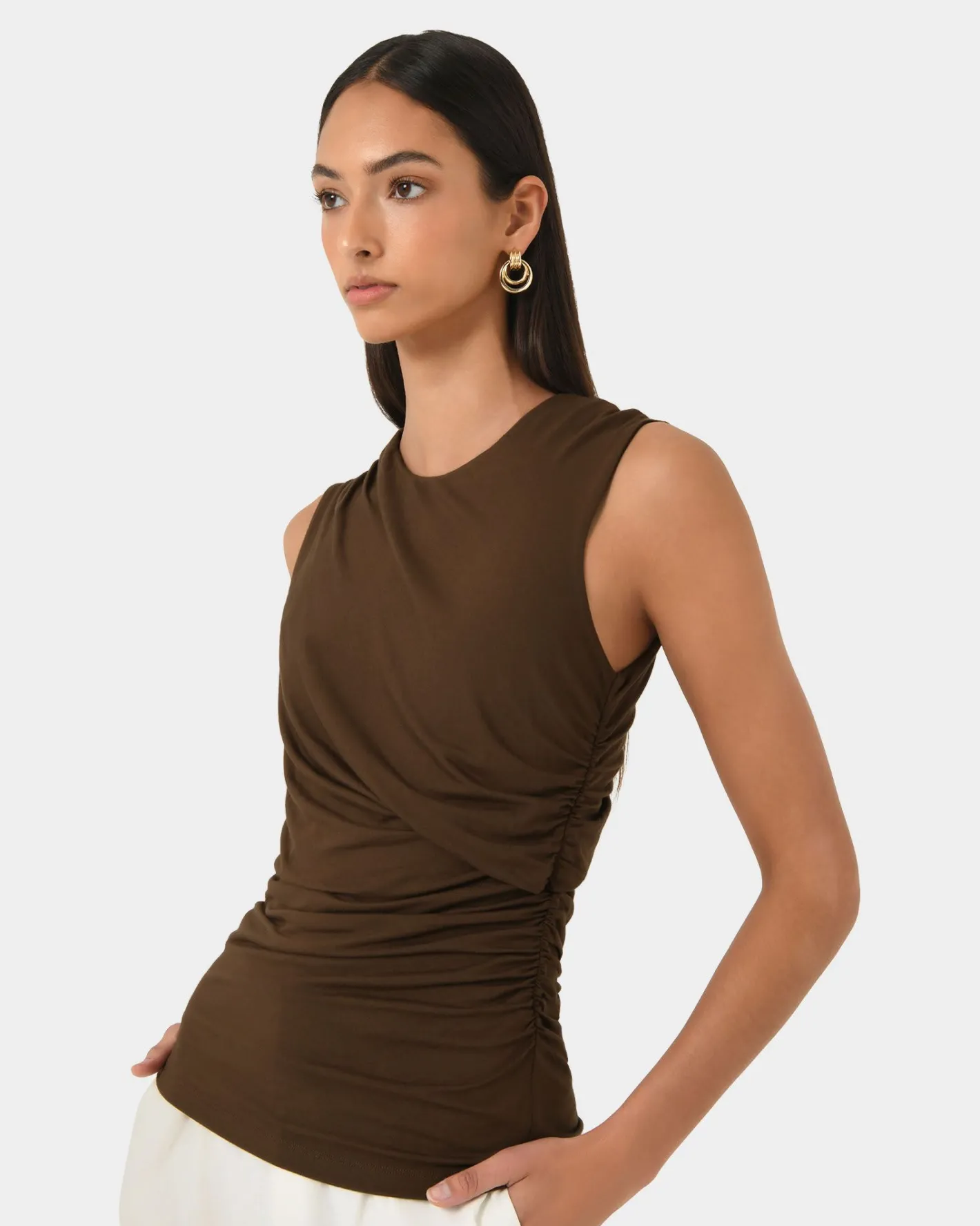 Forcast Mia Ruched Jersey Top Chocolate New