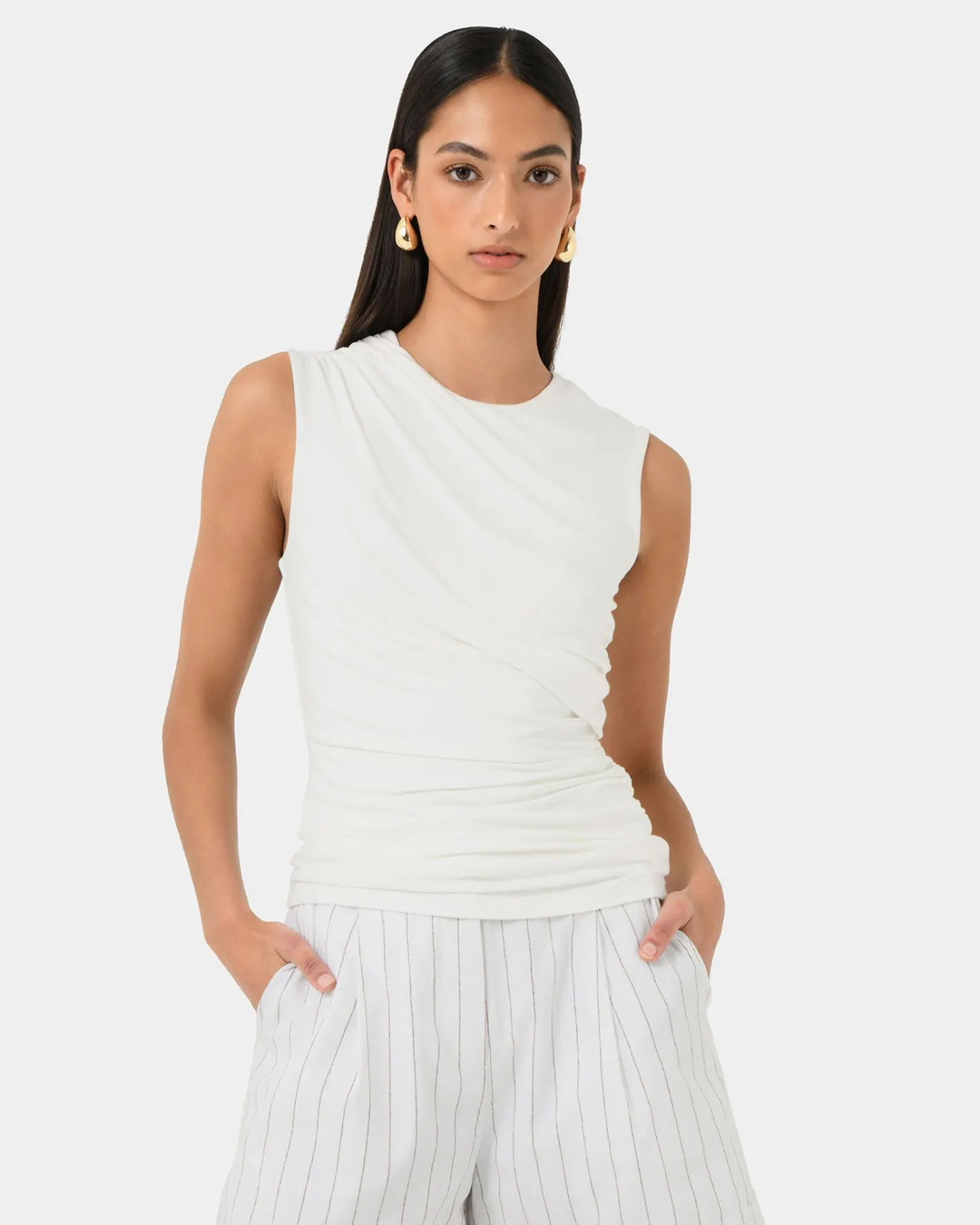 Forcast Mia Ruched Jersey Top Ivory New